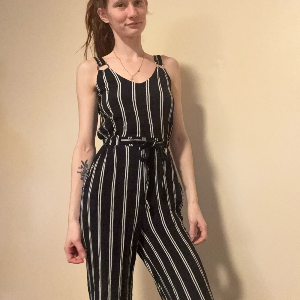 Derek Heart Black and White Striped Jumpsuit